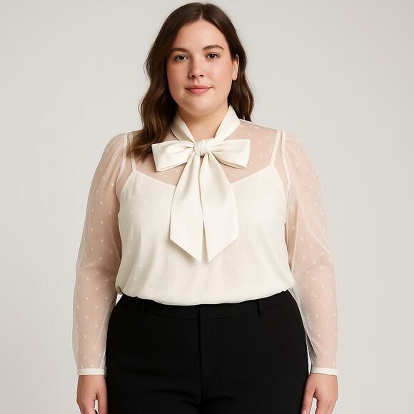 Express Ivory Sheer Swiss Dot Mesh Bow Tie Blouse Long Sleeve Top XL - Picture 1 of 9